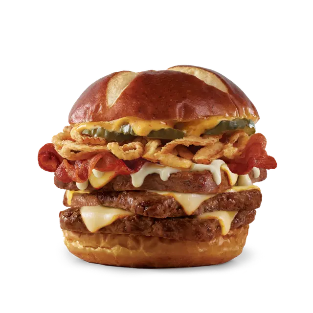 Pretzel Bacon Pub Triple Cheeseburger